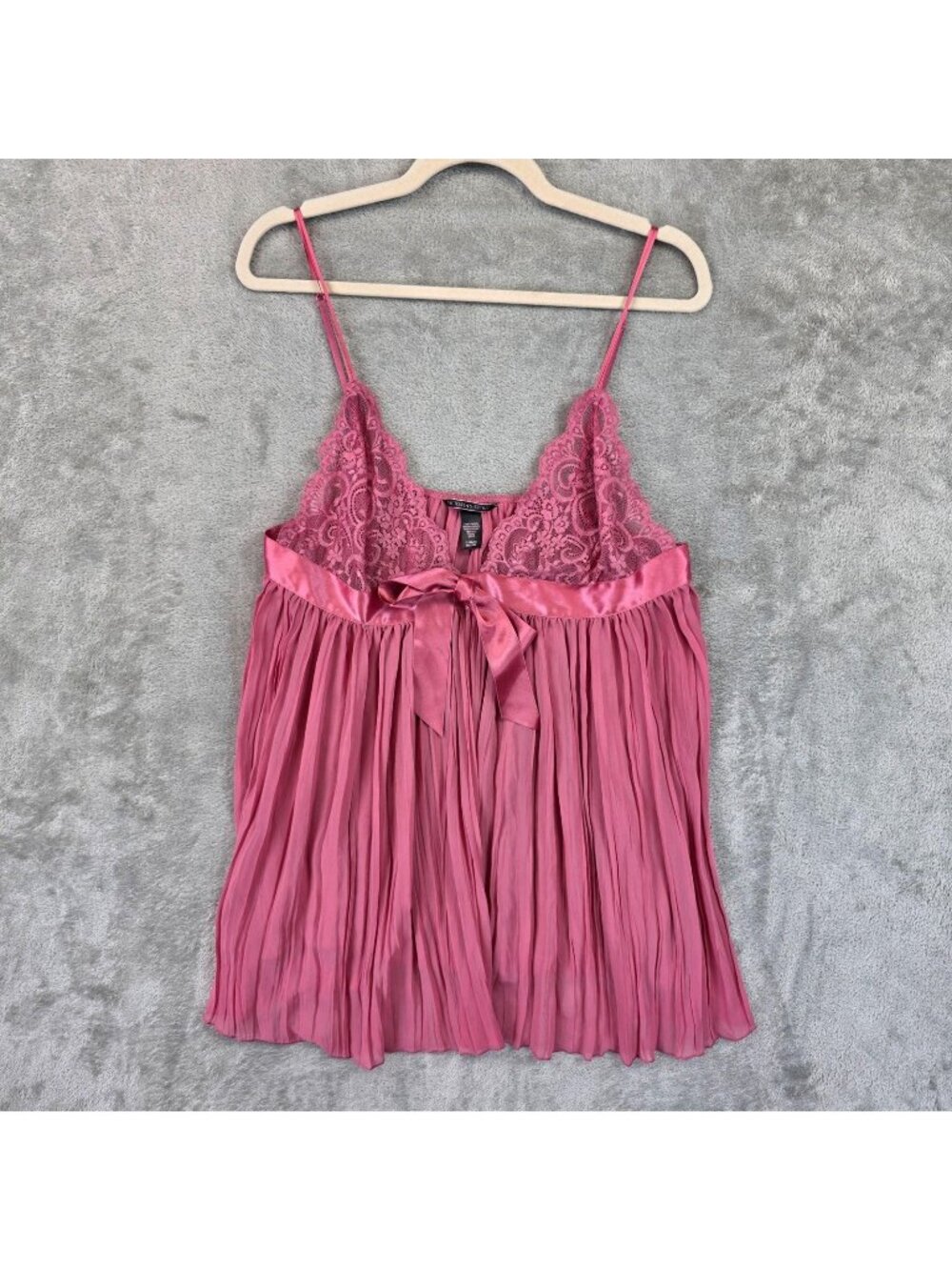 Victoria's Secret Babydoll Gown Womens XL Pink Lace Pleated Bow Lingerie Chiffon